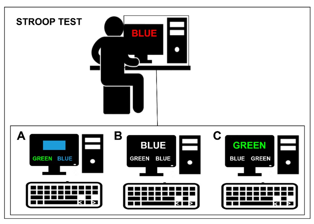 Figure 1. Stroop Test panel – A = Congruent stimuli block, B = Neutral stimuli block, C = Incongruent stimuli block